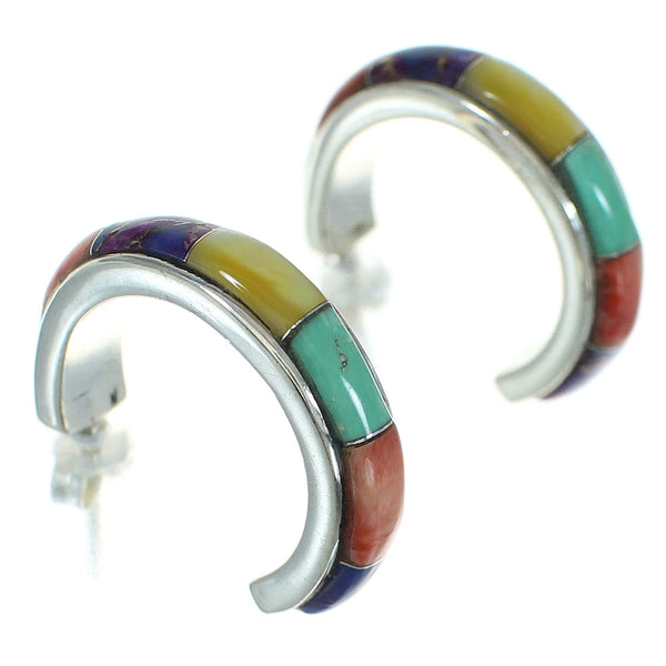 Multicolor Inlay Authentic Sterling Silver Post Hoop Earrings RX83352